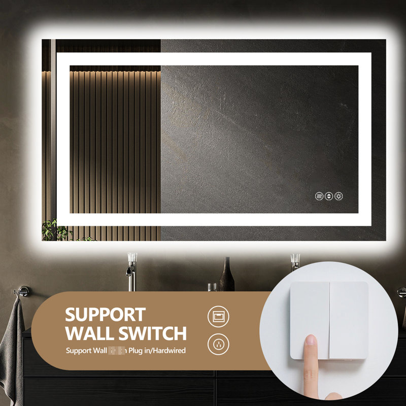 Miroir de salle de bain 60 x 28 pouces à DEL intelligent avec intensité variable, 3 choix de température de couleur, fonction de brouillard, interrupteur mural, composants sûrs et luminosité en verre trempé de 5 mm réglable de 10% à