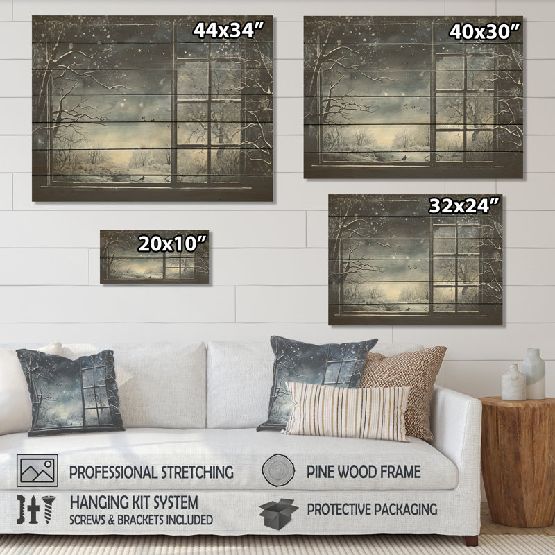 «Midnight Gothic Winter Window View II - Winter Landscape on Wood Print», H 34 po x l 44 po x P 0,78 po