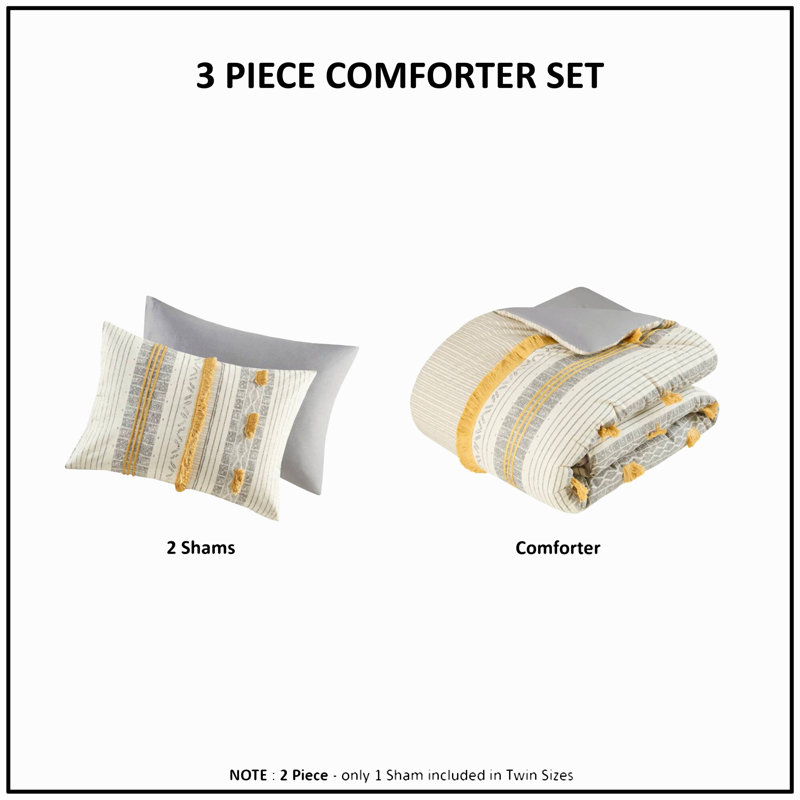 Ensemble de couette 3 pièces en coton imprimé à rayures grises/jaunes, taille grand lit/queen