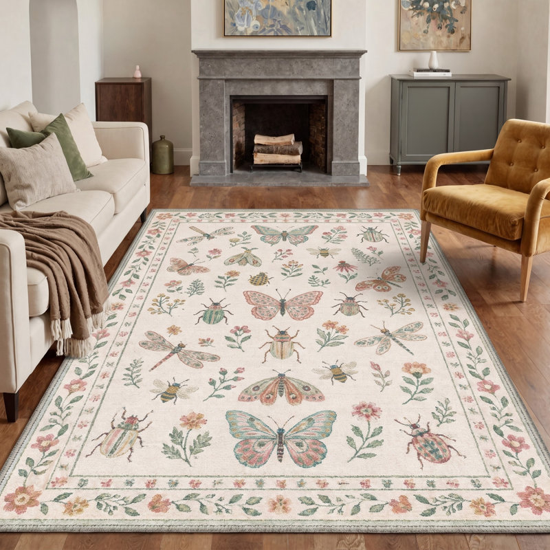 Tapis ivoire / rose à motif animal lavable à la machine avec envers antidérapant, Rectangle 8' x 10'