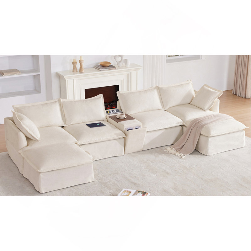 Canapé modulaire de 131 po avec repose-pieds mobile et console, porte-gobelet, siège large, canapé en U de 6 places, canapé en chenille surdimensionné avec chargeur USB pour le salon, appartement, 2 couleurs