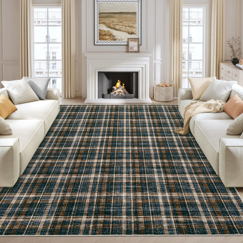 Washable Rug 9x12 Area Rugs for Living Room Modern Plaid Rugs for Bedroom Decor Ultra Soft Large Rug Non Slip Throw Rug Tartan Carpet for Bedroom