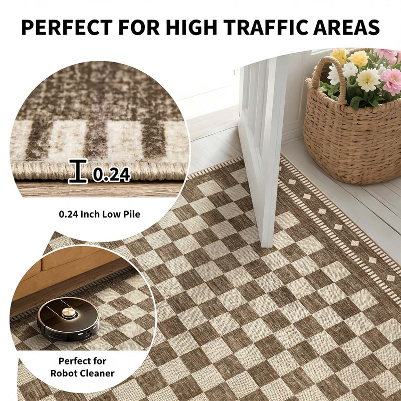 Tapis à motif géométrique en laine synthétique à poils courts, Brun, 9 x 12 pi
