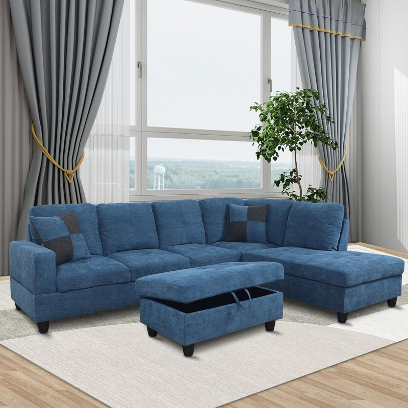Canapé modulaire rembourré 3 pièces Quinnes, Lin bleu, Accoudoir à droite (vu de face)