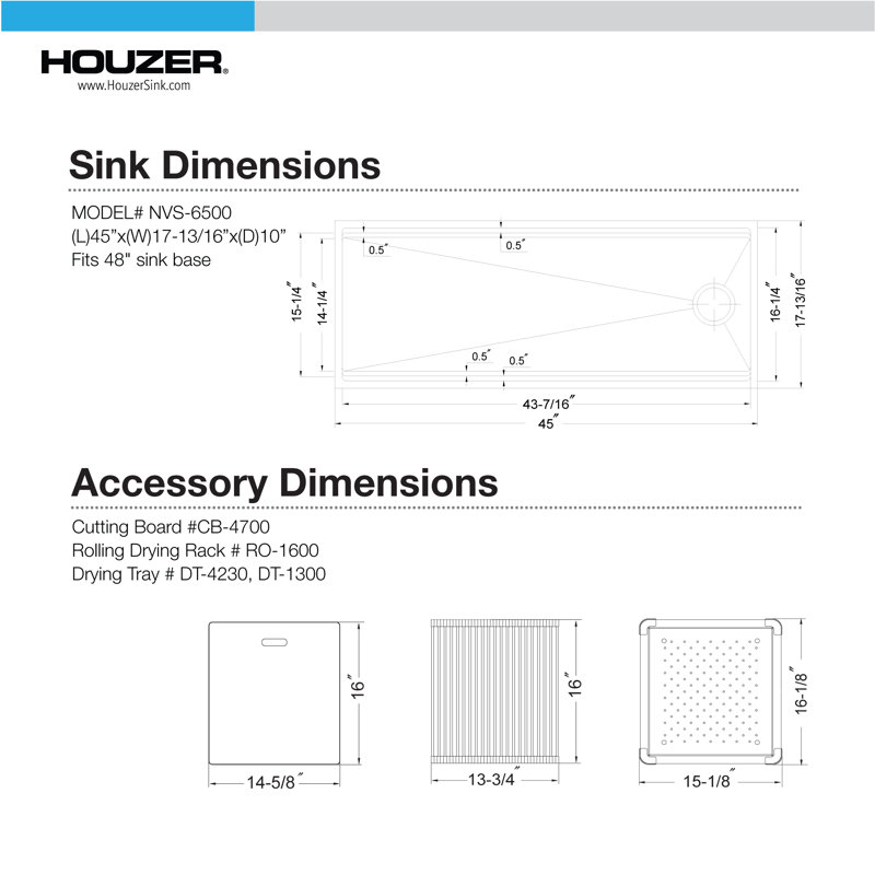 Houzer 45 in Undermount Stainless Dual Platform Single Bowl Workstation & Accessories-NVS-6500