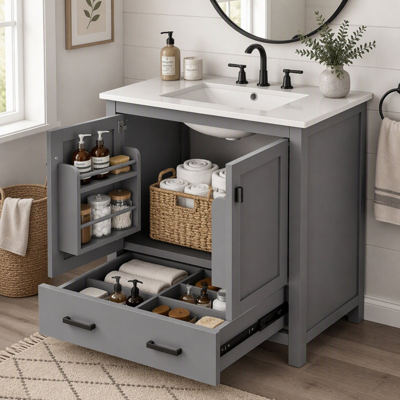 Armoire de rangement pour salle de bain avec 2 portes et un tiroir, Gris