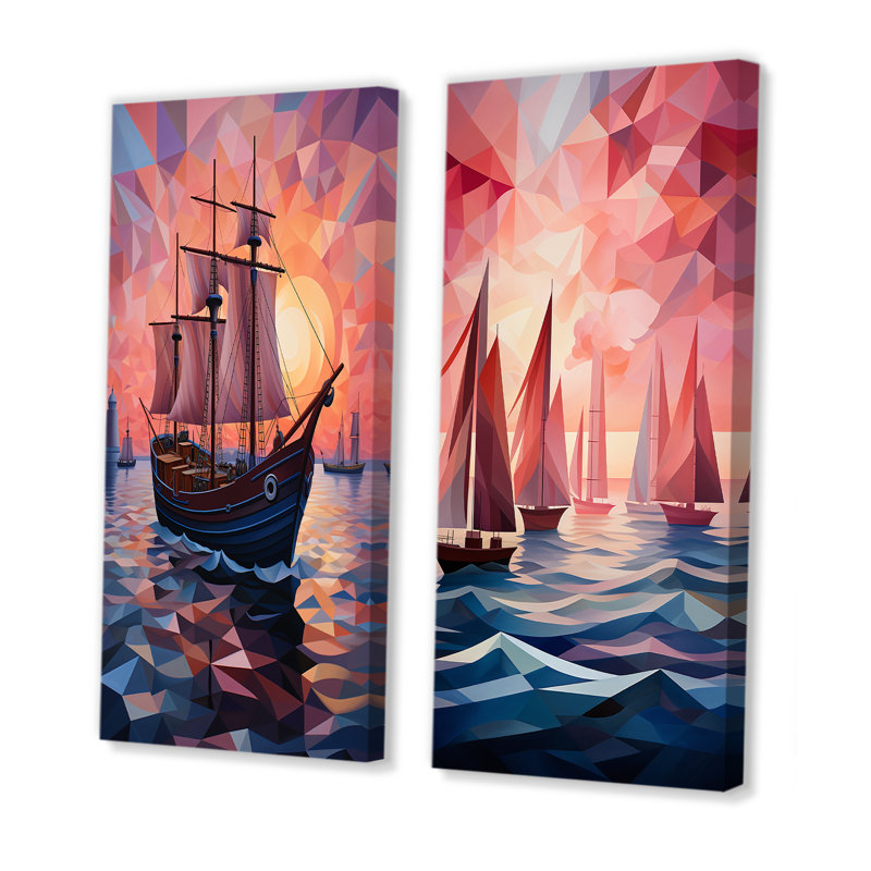 «Nautical Ship Twilight Sails II - Coastal Sunset», ensemble d'art mural sur toile, H 28 po x l 25 po, Toile tendue