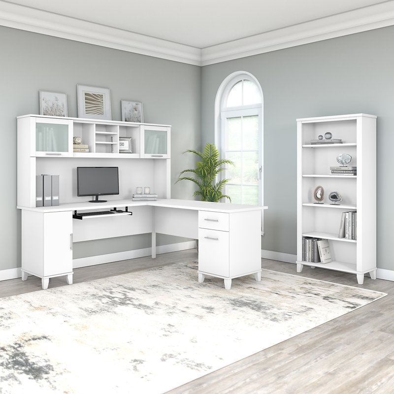 Ensemble de bureau d'ordinateur en L 3 pièces avec rehausse Magomed, Blanc
