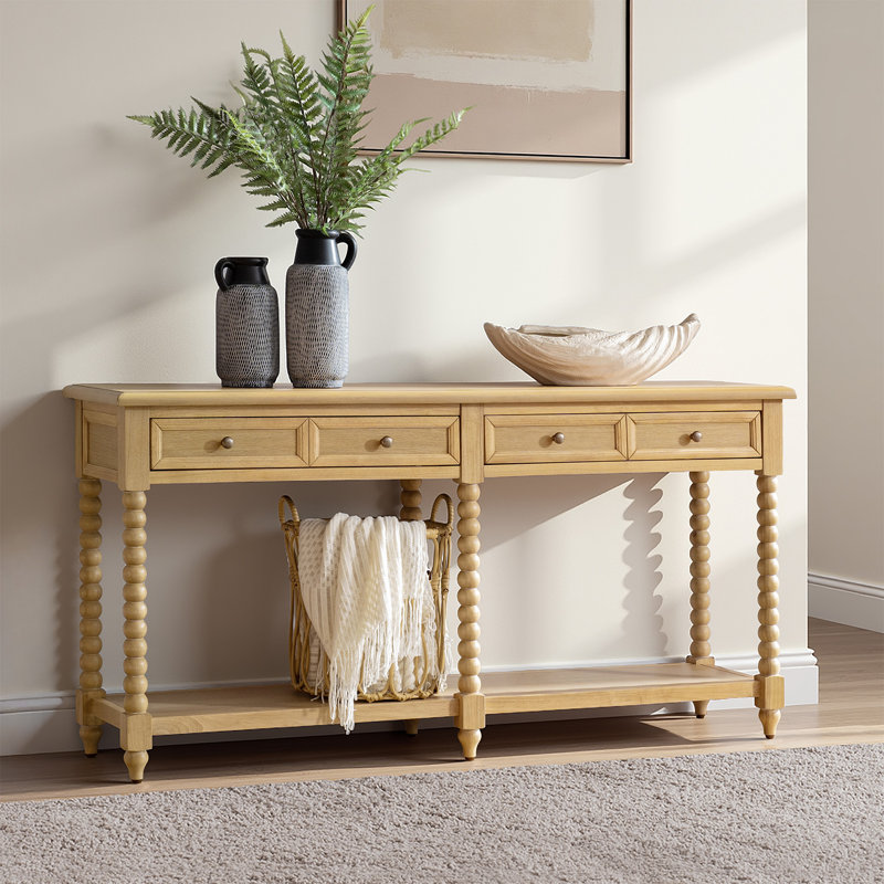 Aristidh 60"W Farmhouse 2-Drawer Solid Wood Base Console Table with Storage Shelf for Entryway Hallway Living Room, Natural