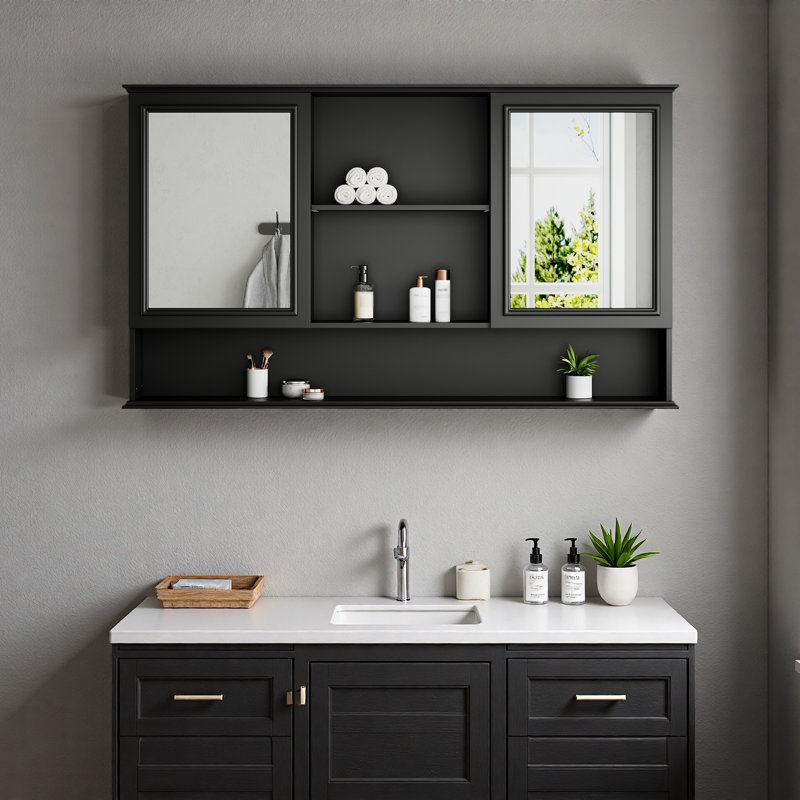 Armoire à pharmacie murale robuste de 60 po avec portes à double miroir, tablettes réglables, rangement ouvert, charnières à fermeture en douceur
