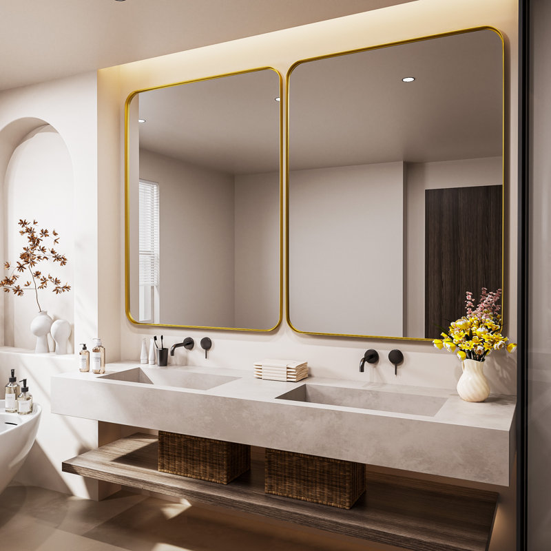 Cozy Design Tempered Glass Framed Wall-Mounted Bathroom Vanity Mirror, 36" x 48", Gold, Rectangle