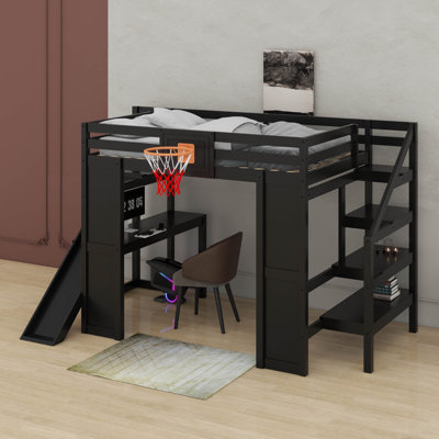 Lit mezzanine en bois avec panier de basketball, lit mezzanine avec bureau intégré, glissade et escalier