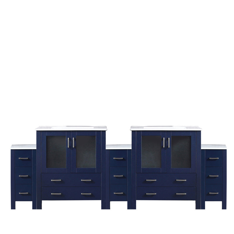 Meuble-lavabo double bleu marine, 96 po En largeur, profondeur 18,25 po, comptoir en céramique blanche, structure en bois massif, conception de tiroir à fermeture en douceur, armoires intérieures, rangement, surface de meuble-lavabo en teinture,