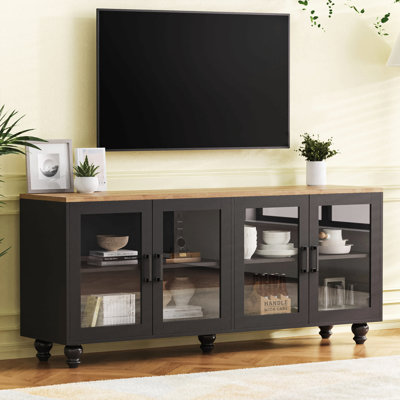 Farmhouse Tv Stand With Tempered Glass Doors For Tvs Up To 70", Versatile Sideboard With Adjustable Shelves, Elegant Buffet Cabinet With 5 Solid Wood Gourd-Shaped Legs For Living Room