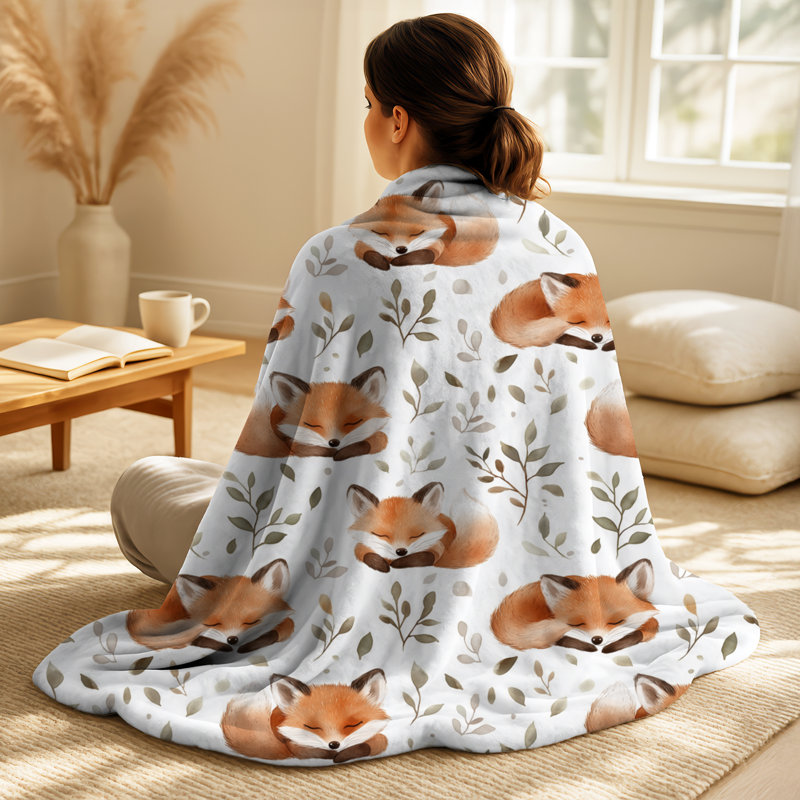 Sleeping Foxes II - couverture chaude pour enfant avec imprimé animal orange, Imprimé animal vert