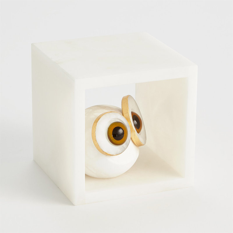 Alabaster Big Eyed Owl in Cube-Sm