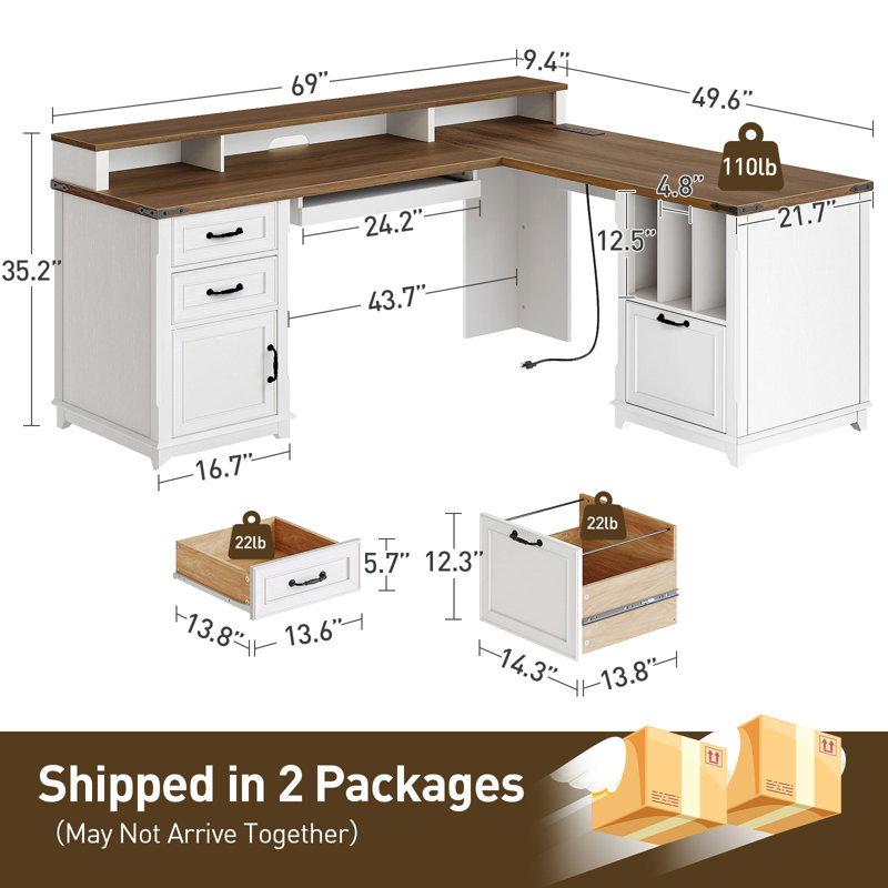 69" Farmhouse L Shaped Executive Desk with Drawers, Home Office  Corner Computer Desk with Charging Station and Monitor Stand