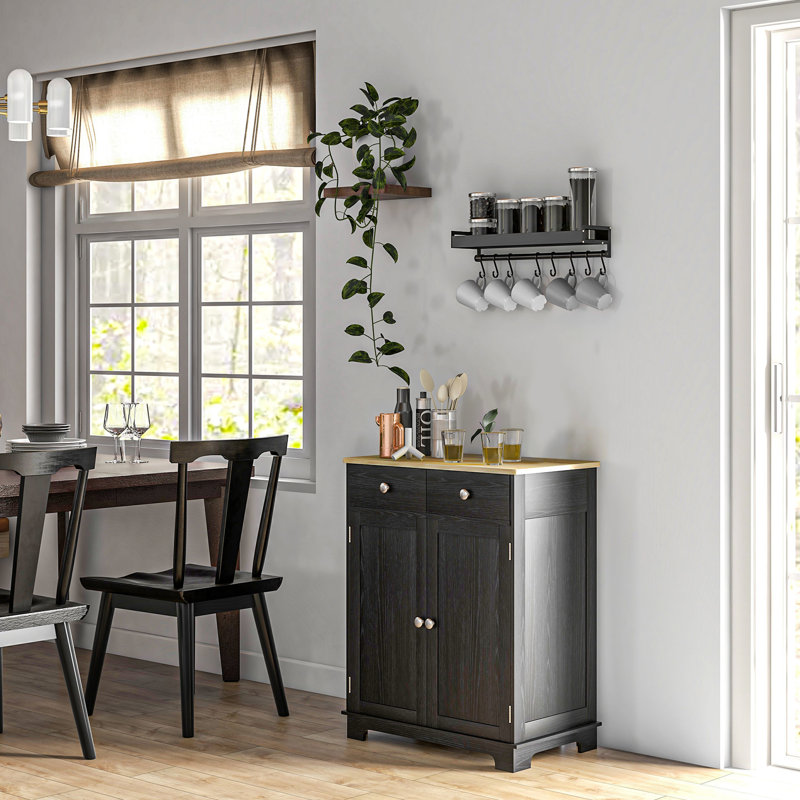 Buffet noir vieilli avec tablettes réglables - comptoir en bois massif, 2 tiroirs, portes pour rangement de cuisine, portes modernes, tablette dans le couloir