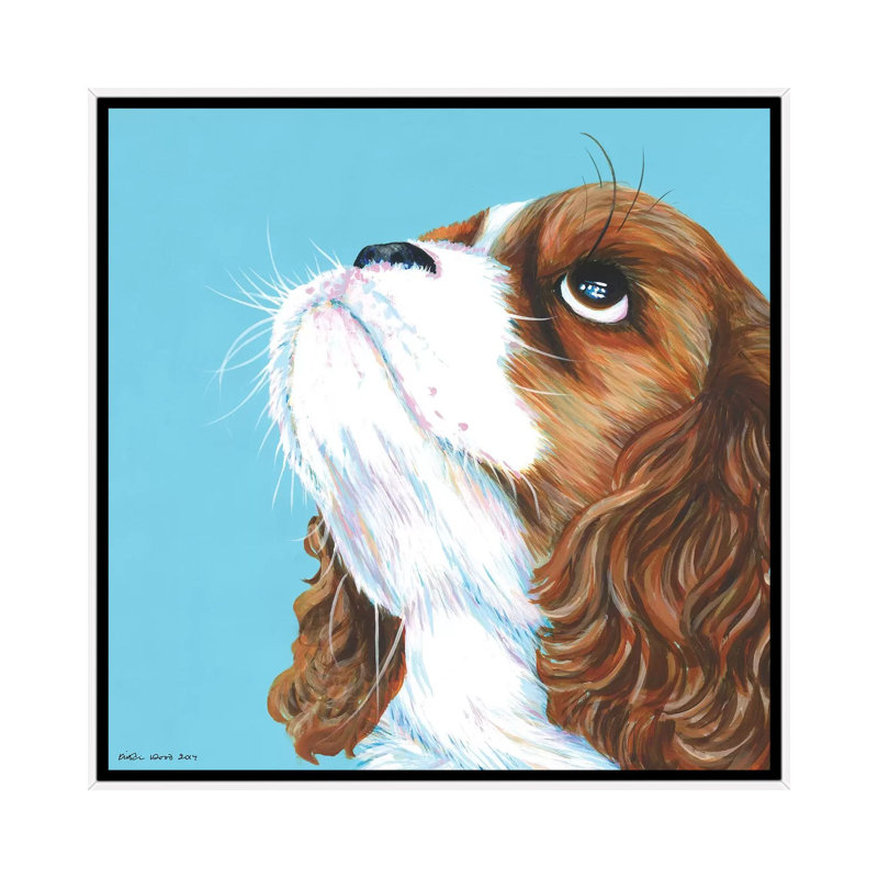 King Charles Cavalier On Aqua, Square by Kirstin Wood - Painting on Canvas, 66.04 cm H x 66.04 cm W, White Framed