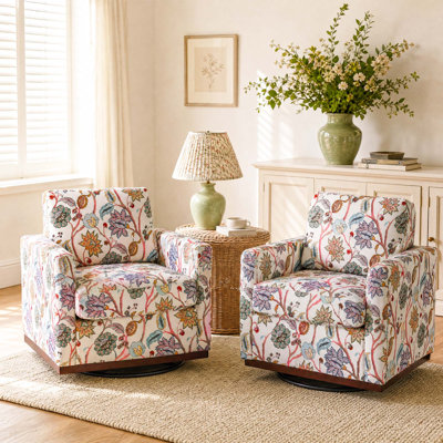Modern Upholstered Bright Floral Square Swivel Armchair with Matel Base (Set of 2)