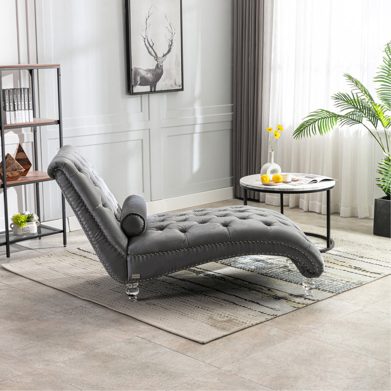 Velvet Chaise Lounge Indoor,Button-Tufted Upholstered Chaise Lounge Chair With Pillow For Bedroom Living Room Office (Silver Velvet)