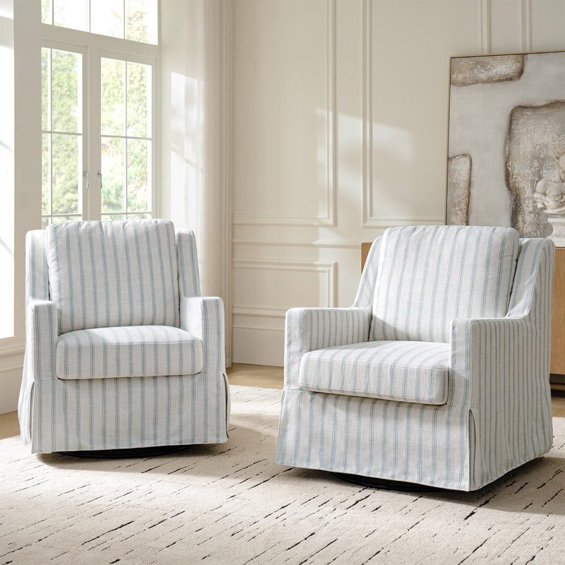 Lucie 30" W Farmhouse Slipcovered Down-blend Swivel Rocking Chair with Pillow Back, Blue