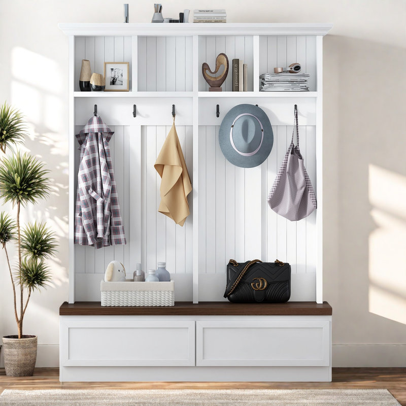 75.7"H Hall Tree with Open Storage,4-in-1 Hall Tree with Bench, White