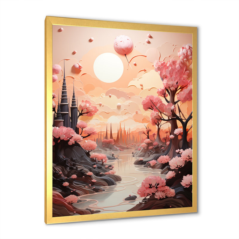 «Skyline Puffy Peach Castle» sur toile, H 32 po x l 16 po x P 1 po, Cadre doré simple