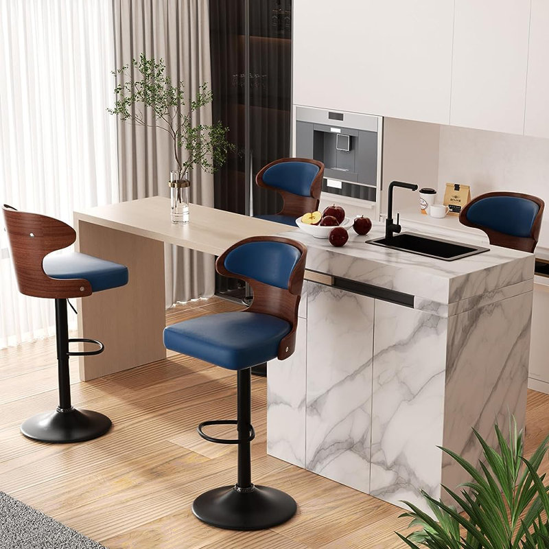 Olivetti Modern Swivel Bar Stools with Backrest – Pet-Friendly PU Leather Seat & Curved Walnut Wood, Height Adjustable Counter Chairs with Footrest and Matte Black Base for Kitchen Island or Home Bar