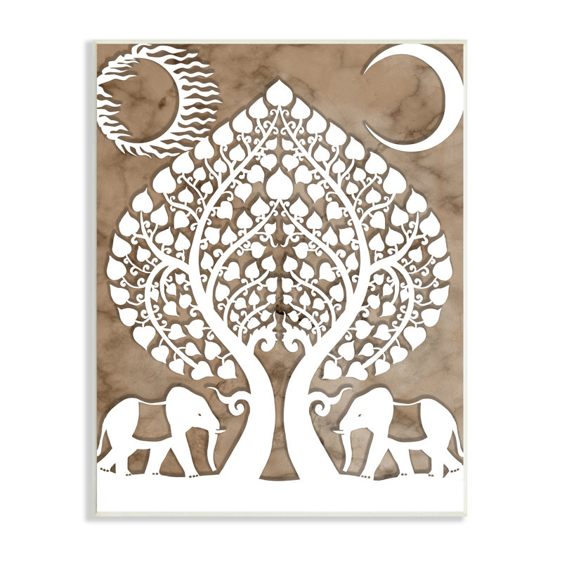 «Boho Elephants Tree of Life Abstract Sun Moon», art mural sur toile tendue, Plaque de bois, H 19 po x l 13 po