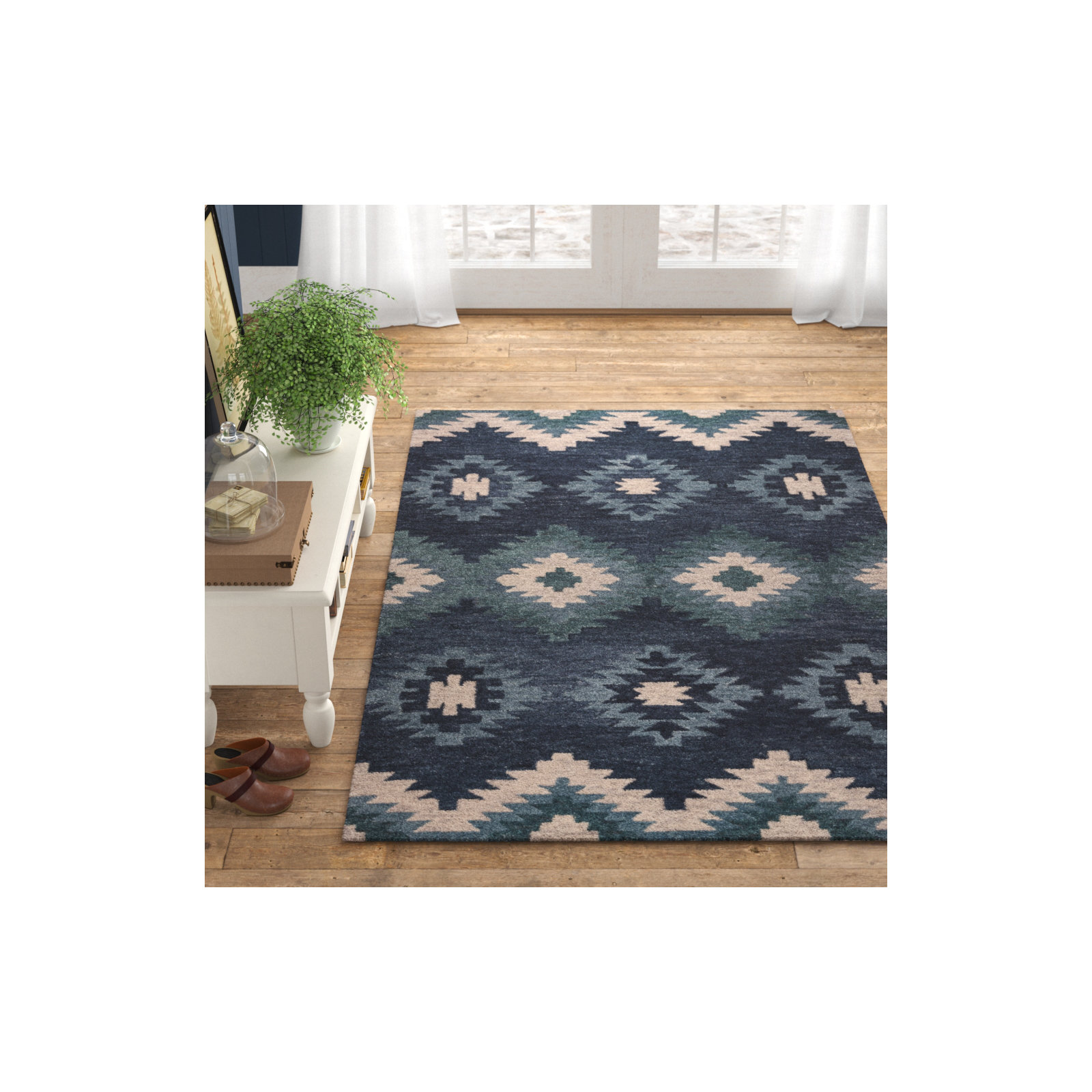 Doretta Handmade Wool Blue/Teal/Beige Rug, Rectangle 5' x 8'
