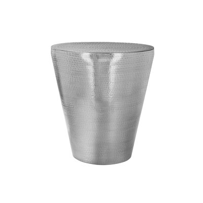 Contemporary Chrome Metal Drum Accent Table - Modern End Table for Living Room, Side Table for Bedroom, Hammered Pattern Nightstand