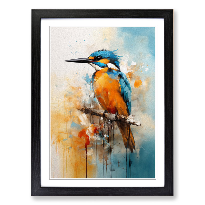 Kingfisher Gestural - Single Picture Frame Print on Wood, 64cm H x 46cm W x 2cm D, Black