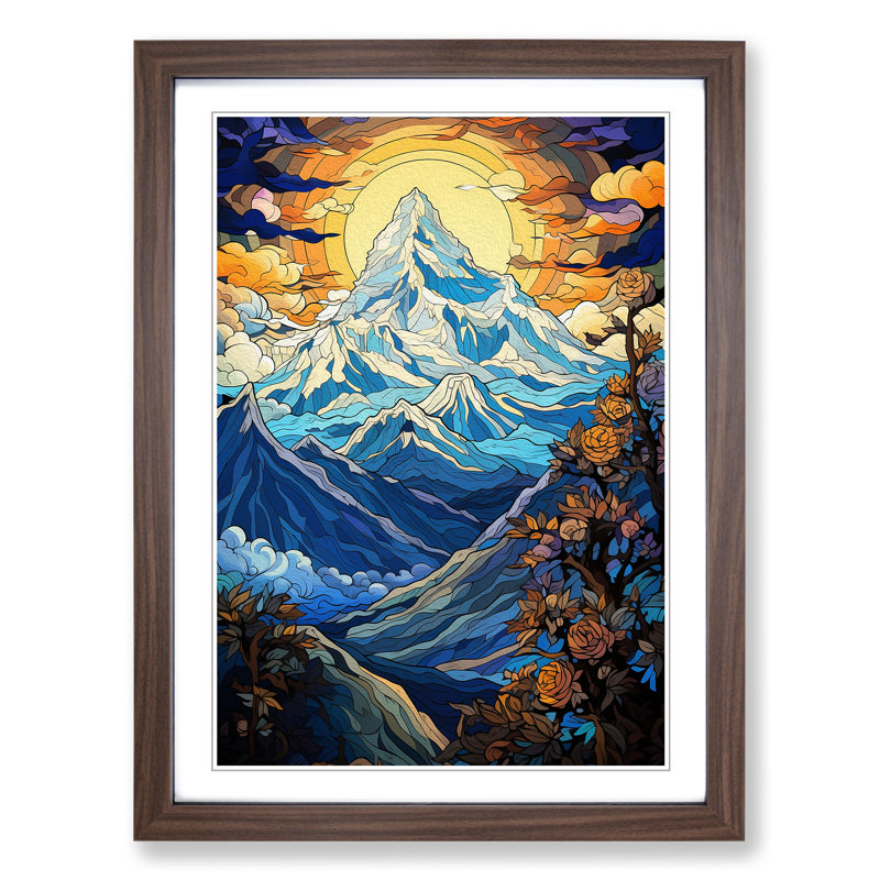 Mount Everest Nouveau - Single Picture Frame Print on Wood, Walnut Framed, 46cm H x 34cm W x 2cm D