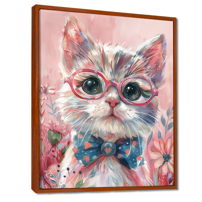 Portrait de chat Intellectual avec lunettes I - art mural chat, H 30 po x l 40 po, Cadre flottant brun