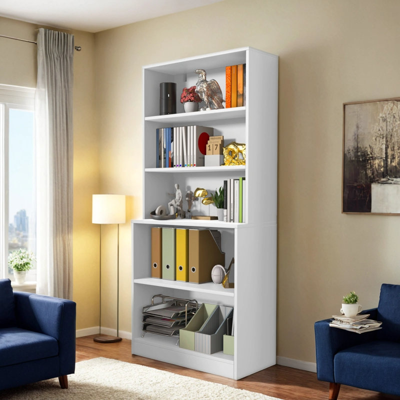 White 71" Tall 5-Tier Wood Bookshelf with Doors