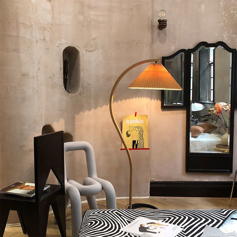 Arched Floor Lamp, Mid-Century Modern Curved Wood Tall Standing Light With Pleated Fabric Shade For Living Room & Bedroom