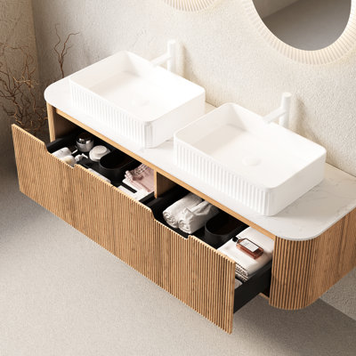 Meuble-lavabo de 60 po avec lavabos rectangulaires blancs en céramique, rangement, grand tiroir, lavabo à rayures 3D naturel, installation facile, finition