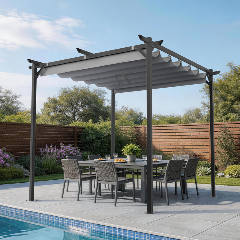 3m x 3m Metal Pergola with Retractable Roof, 2.4m x 2.4m, Grey