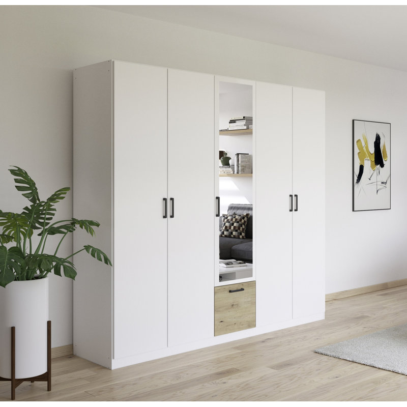 Bari hinged door wardrobe with practical drawers in the middle and handles, 210cm H x 271cm W x 54cm D