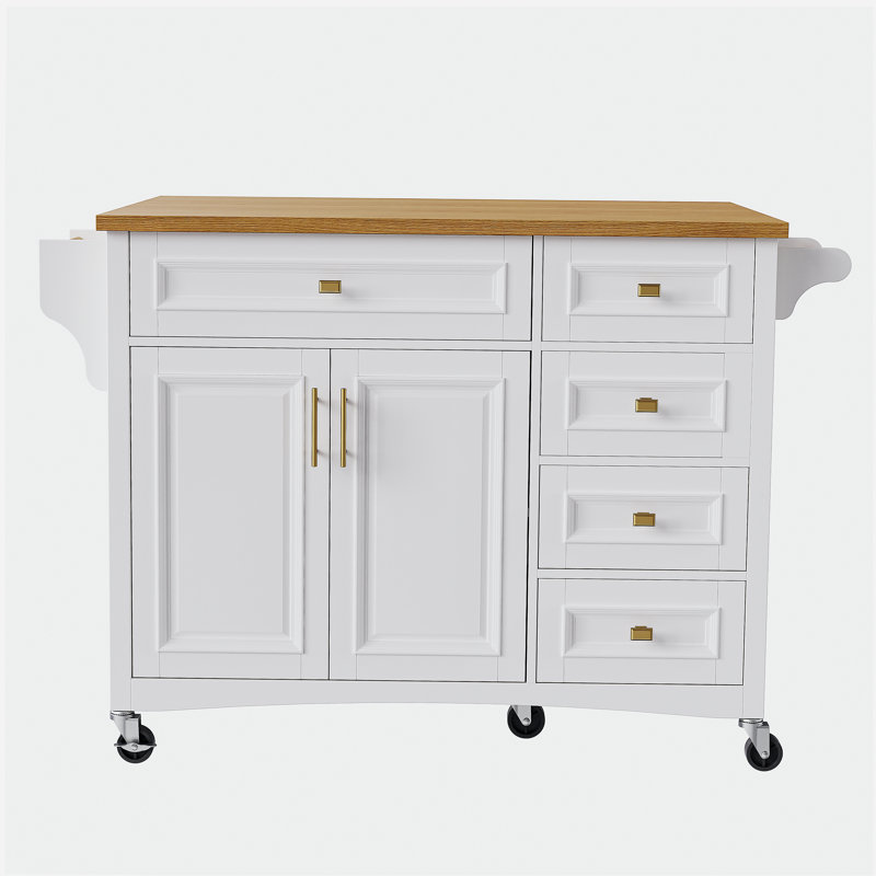 K&K 52'' Kitchen Island with Drop Leaf, Embossed Texture Kitchen Island on Wheels with Spice Rack, Towel Rack, 2 Doors and 5 Drawers, Kitchen Storage Cart with Adjustable Shelf for Kitchen, White