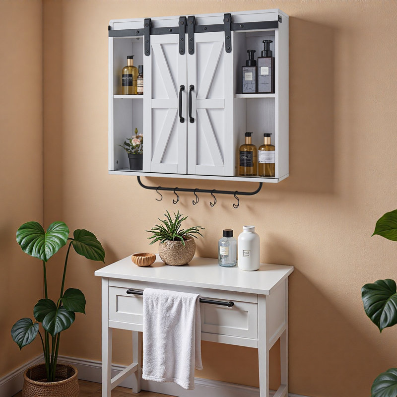 Armoire murale de salle de bain, 2 portes et tablette réglable, armoire de rangement de rangement au-dessus de la toilette fixée au mur, organisateur suspendu avec cloison ouverte / barre à serviettes / crochets pour la cuisine de la salle de lavage