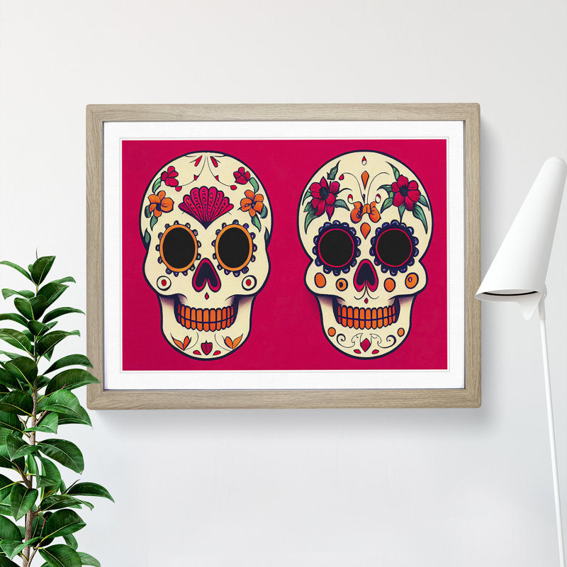 Floral Sugar Skulls - Single Picture Frame Print, 46cm H x 64cm W x 2cm D, Oak