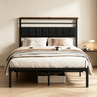 Queen platform bed frame with charging station and storage headboard, no box spring needed bed with usb ports and outlets