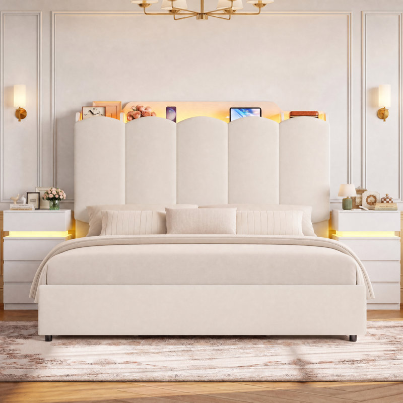 Ensembles de chambre à coucher de grand lit 3 pièces avec tête de lit à DEL et station de charge intégrée, Crème / Blanc