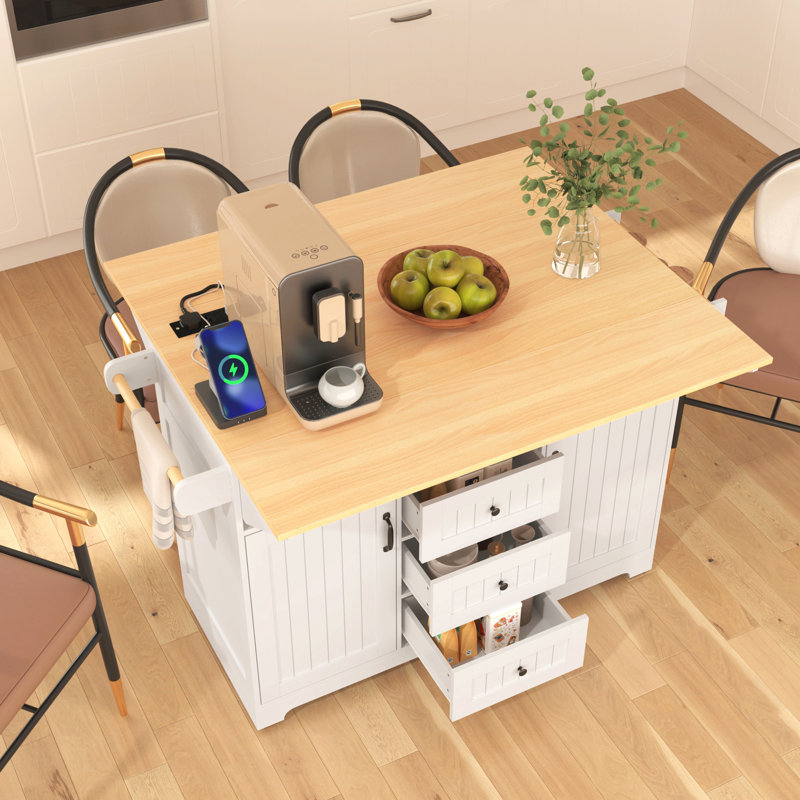 55.7'' Large Kitchen Island With 2 Drop Leaf,, Rolling Kitchen Cart On 5 Wheels With Power Outlet, Folding Storage Dining Table With Spice & Towel Rack , 3 Drawers, For Kitchen, Dining Room