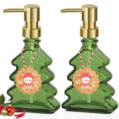 Green Glass Soap Dispensers 2Pack Christmas Soap Bottle for Bathroom, 7oz Hand Soap and Lotion Dispenser for Kitchen,Refillable Liquid Bottle Container with Plastic Pump