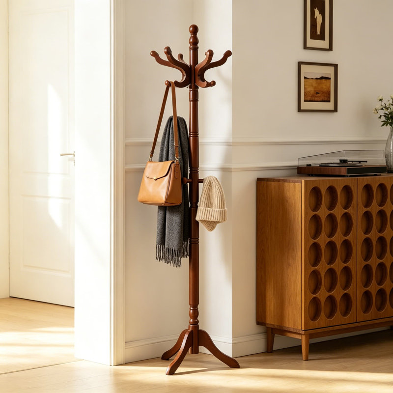 Portemanteau autoportant, portemanteau en bois d'hévéa massif avec 11 crochets et 3 options de hauteur pour manteaux, chapeaux, sacs, sacs à main, vêtements, portemanteaux pour le bureau de la chambre du hall d'entrée