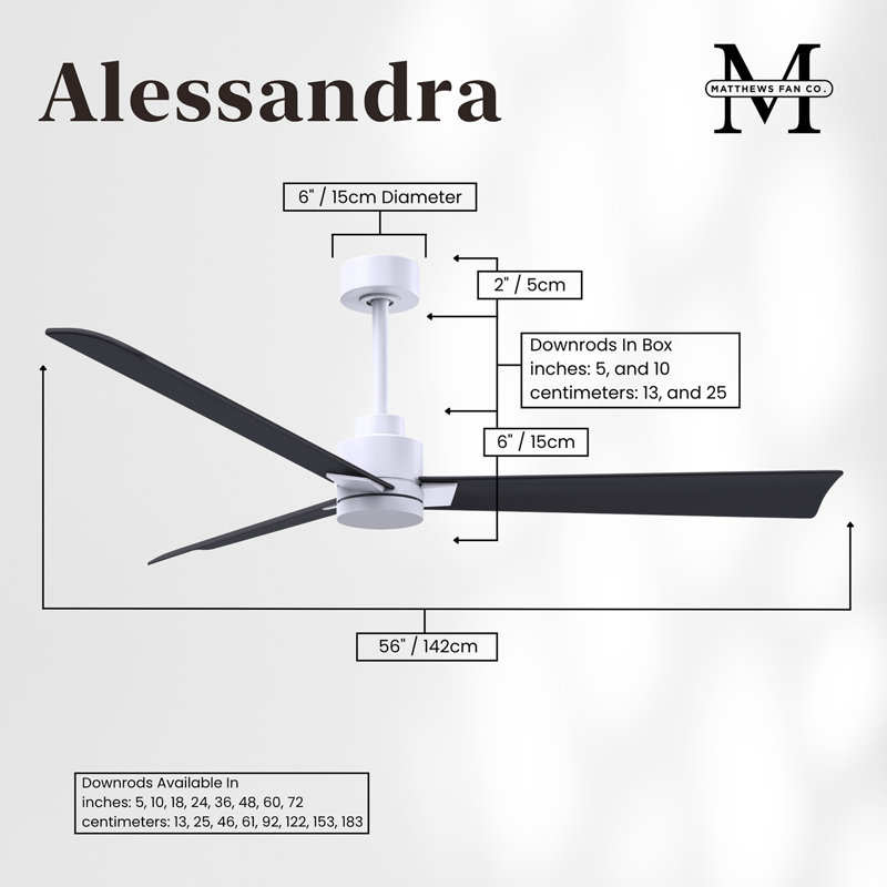 Alessandra Outdoor Downrod Ceiling Fan, Matte Black, Matte White