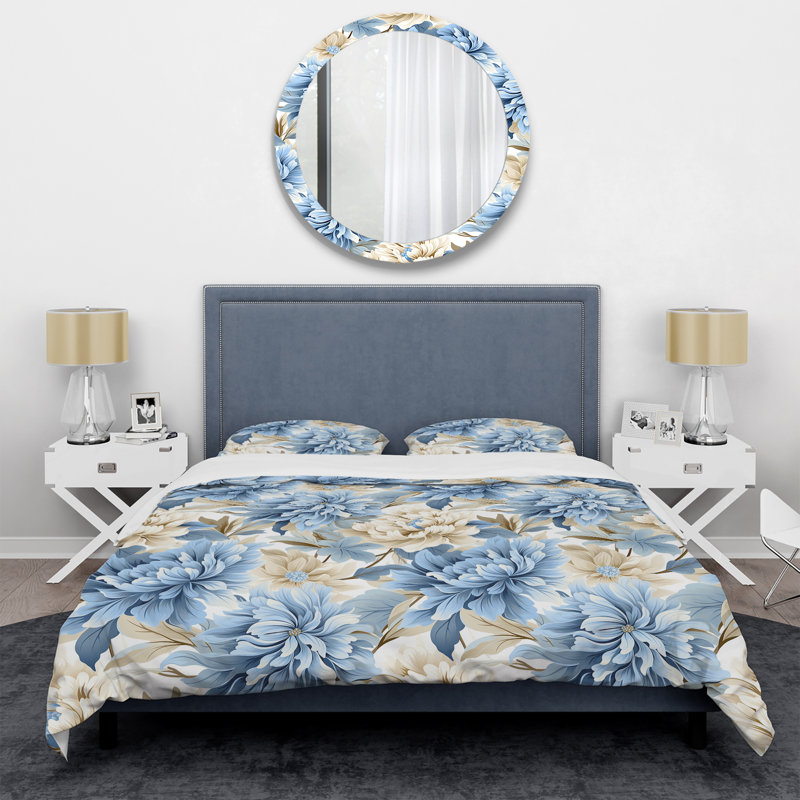 Ensemble de housse de couette blanc et bleu Damask Breeze I - Damask, Housse de couette simple + 1 taie décorative stan